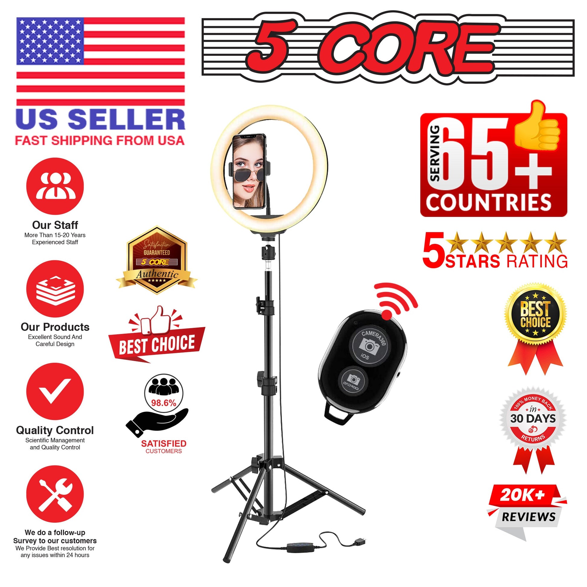 5 Core 12" Selfie LED Circle Light with 67" Adjustable Tripod Stand & Phone Holder-1