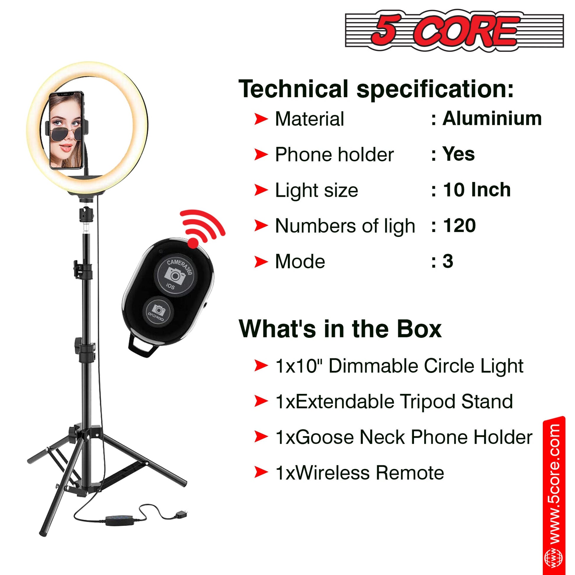 5 Core 12" Selfie LED Circle Light with 67" Adjustable Tripod Stand & Phone Holder-2